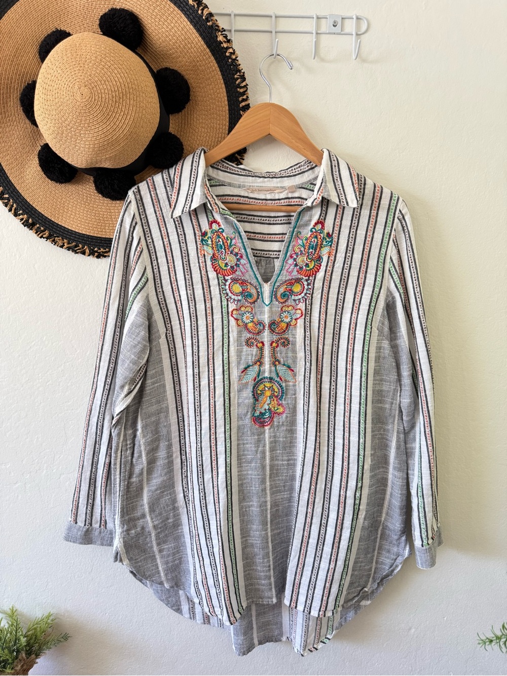 Soft Surroundings Embroidered Stripe Cotton Tunic Top Size Large Boho Lagenlook - Picture 5 of 16